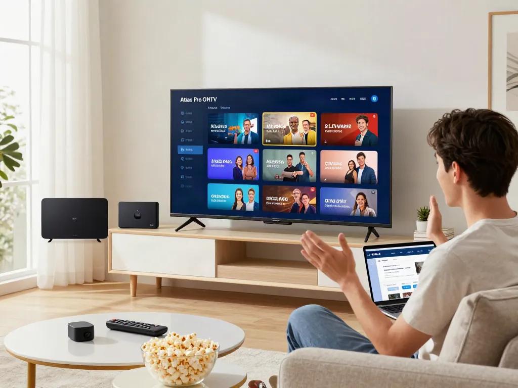 Utilisateur naviguant dans l'application atlas pro iptv sur un téléviseur intelligent dans un salon moderne.