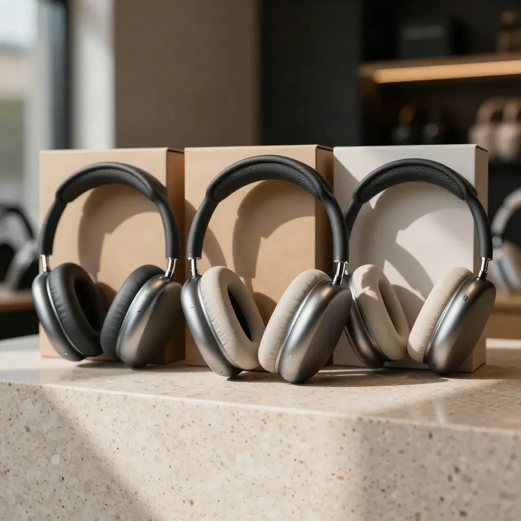 Trois casques audio comparés devant des emballages neutres, l’un sur un socle clair.