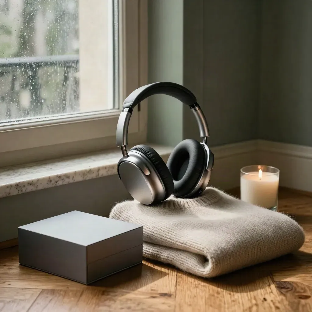 Casque, pull, boîte tech et bougie rassemblés dans un coin d’appartement après la pluie.