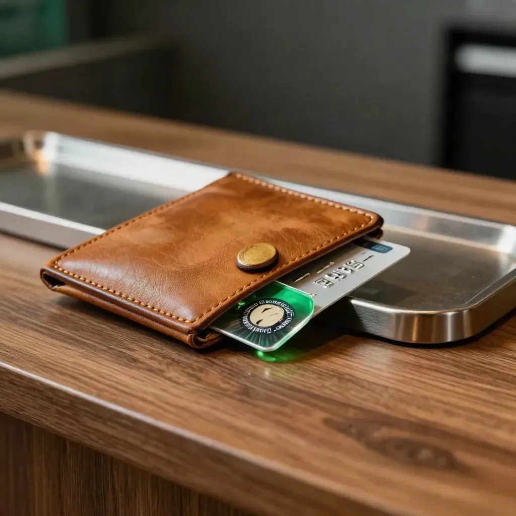 Carte bancaire et jeton vert glissant d’un porte-cartes en cuir sur un comptoir brun chaud.