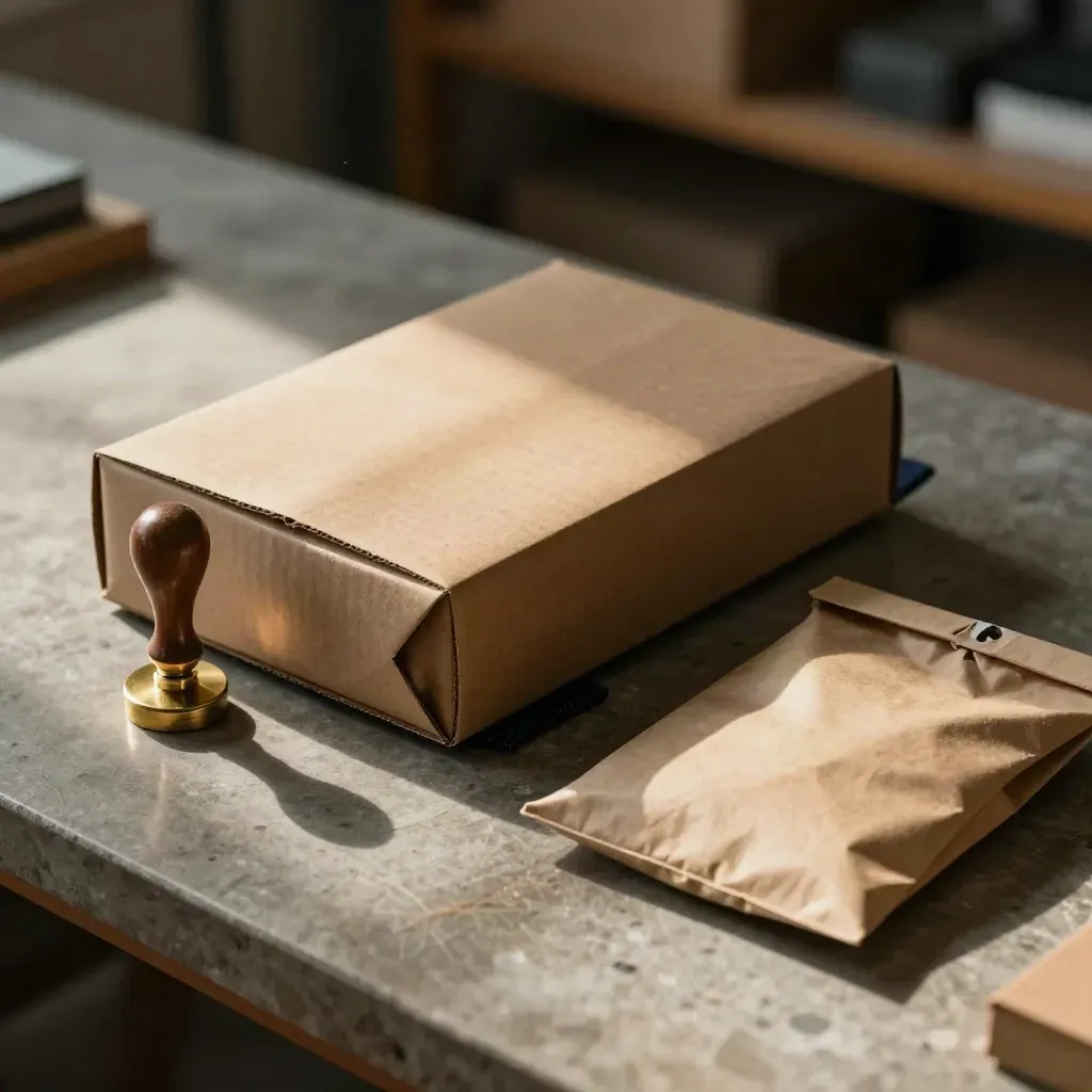 Boîtes fermées, tampon en laiton, bracelet scellé et pochette kraft sur plan de travail minéral.
