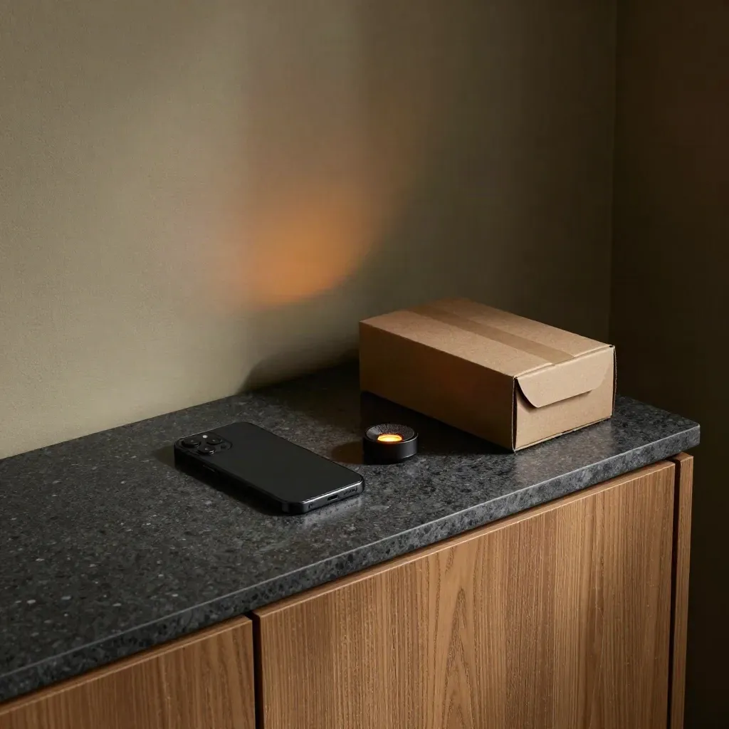 Téléphone face contre table, boîtier d’alerte vibrant et colis fermé dans une lumière sombre.