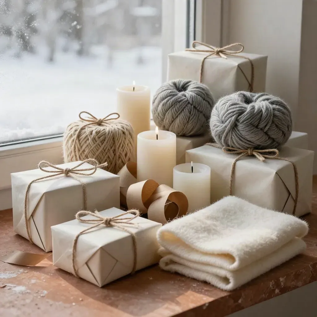 Assortiment de cadeaux d’hiver, laine, bougies blanches et papier kraft sur pierre mate.