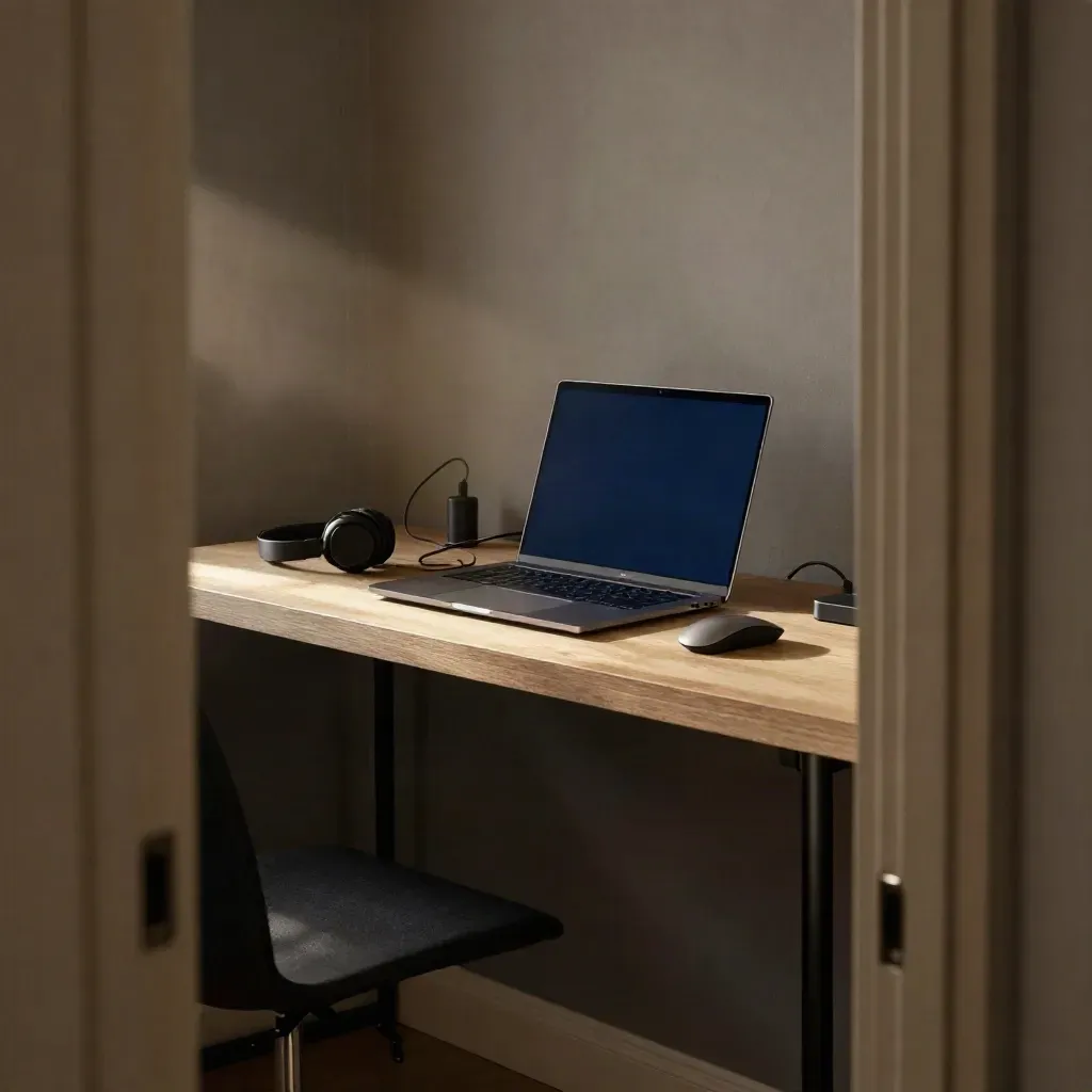 Coin bureau de rentrée avec portable fermé, casque, souris et chargeur sur bois clair.