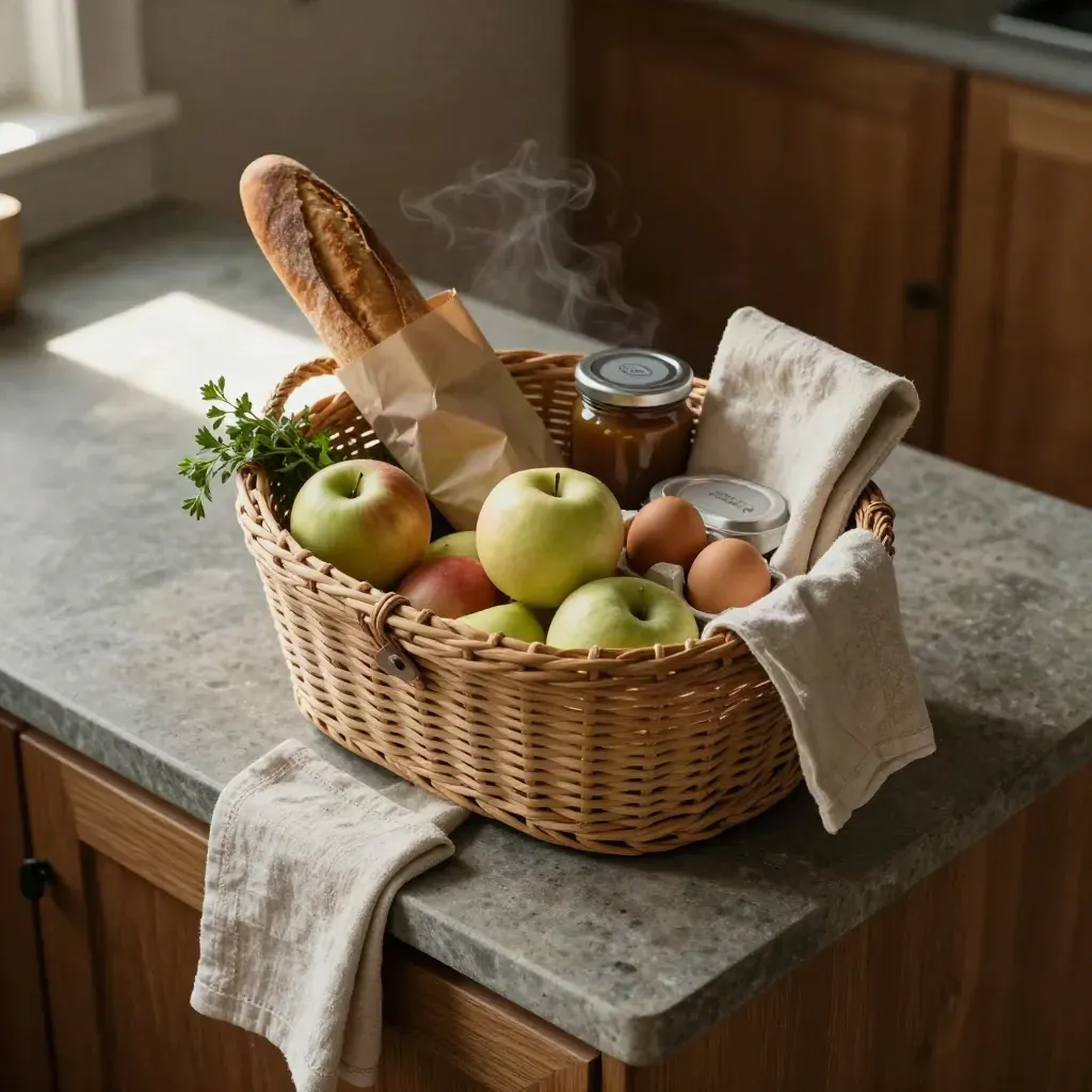Panier d’épicerie ouvert sur un plan de travail en pierre, produits livrés et lumière chaude.