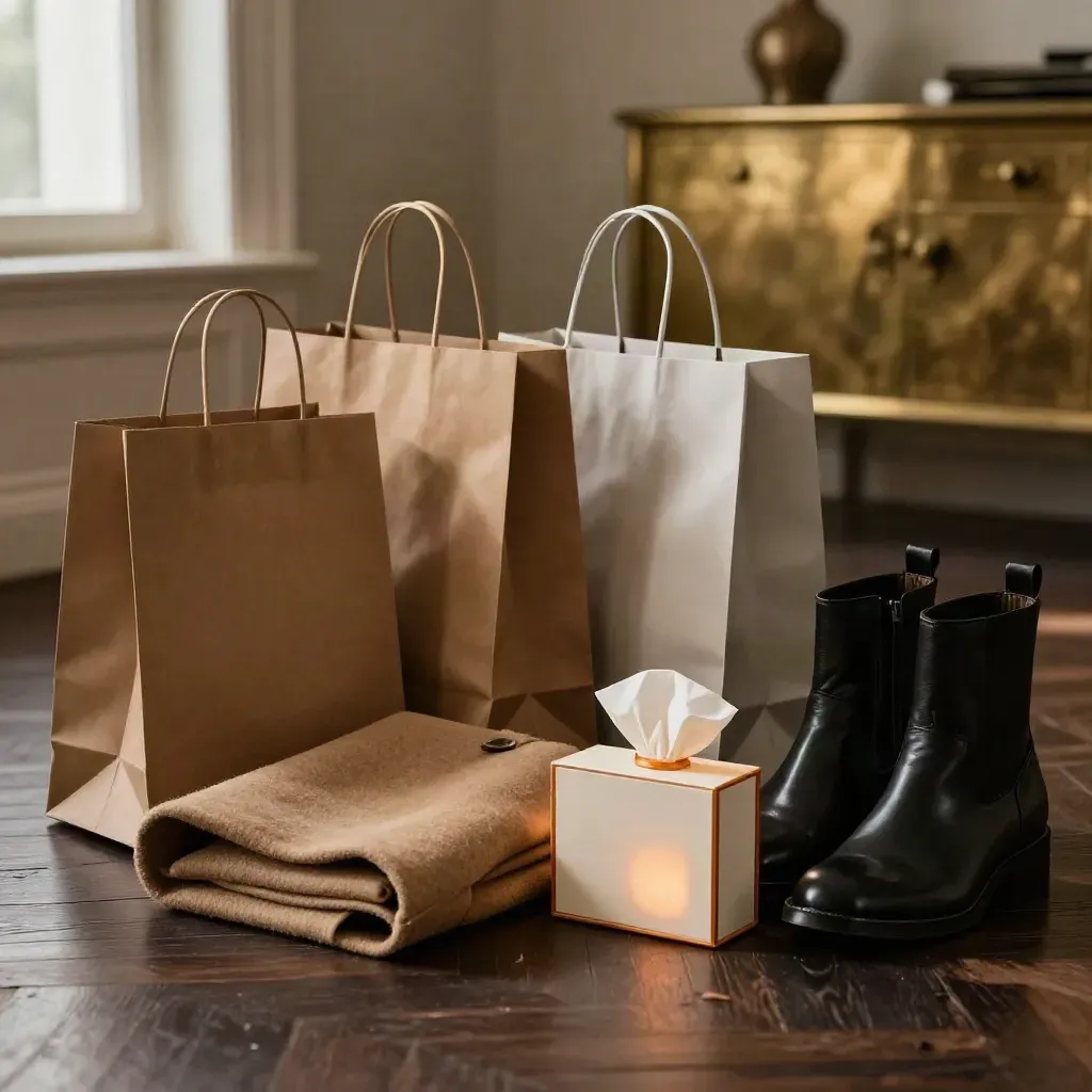 Trois sacs de shopping, un manteau plié, des bottines et un parfum sur parquet sombre.