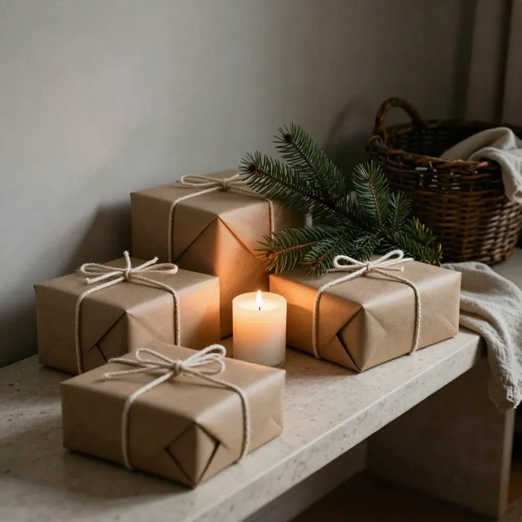 Cadeaux de Noël emballés, bougie et branche de sapin sur un banc clair.