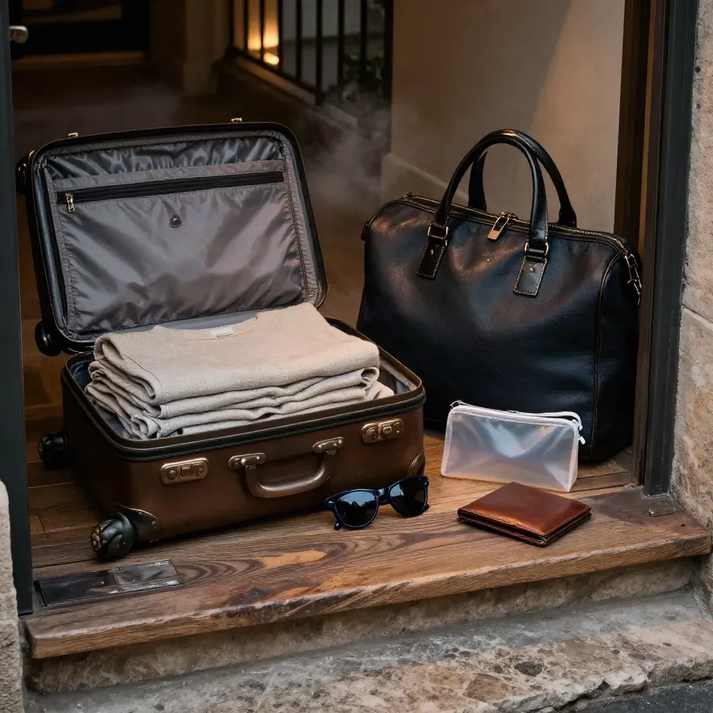 Valise ouverte et sac week-end prêts pour Marseille, lumière cinématographique.
