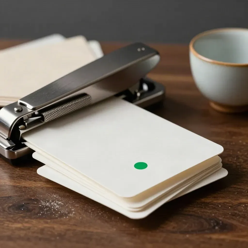 Coupe-papier, cartes vierges, pastilles vertes et tasse en céramique sur bois sombre.