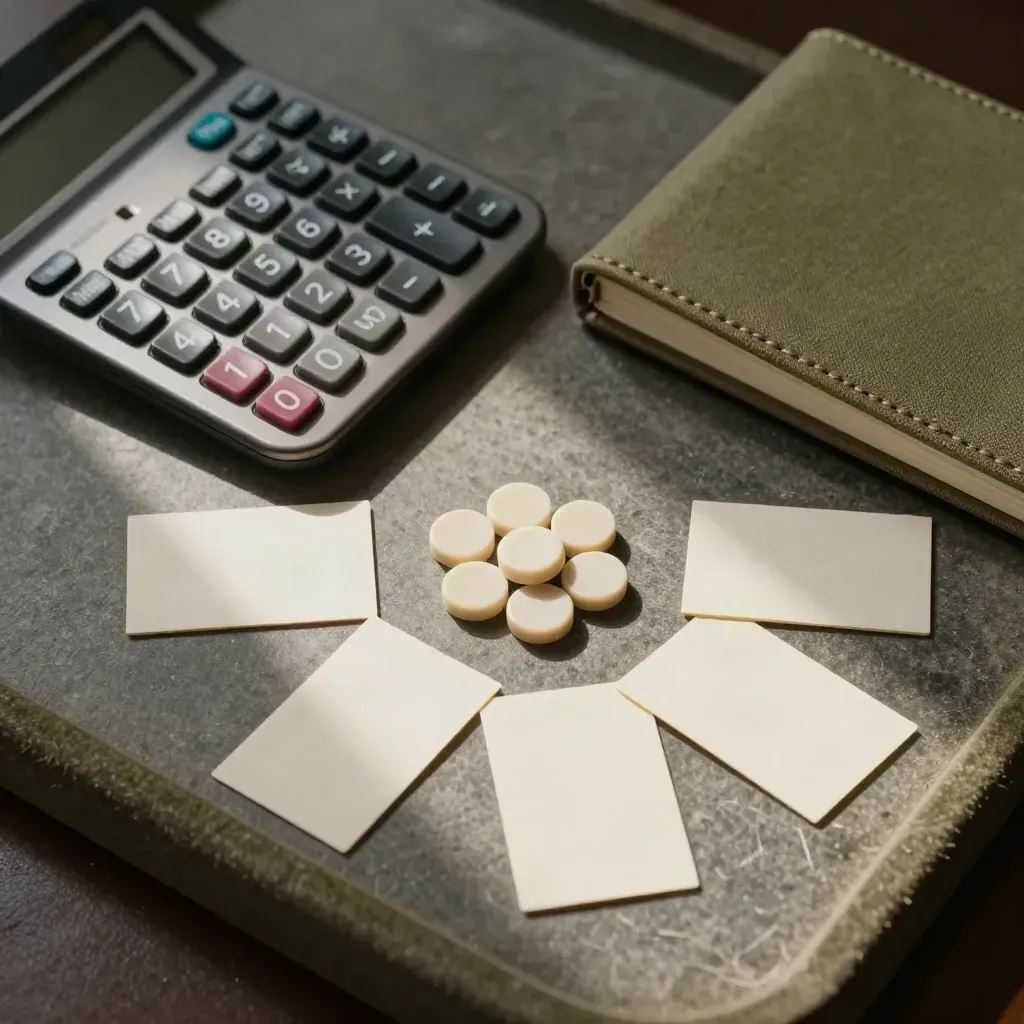 Calculatrice, jetons de tri, carnet fermé et cartes de prix vierges sur pierre sombre.