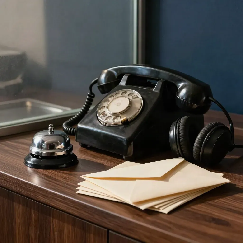 Combiné vintage, casque, sonnette et enveloppes sur un comptoir sombre