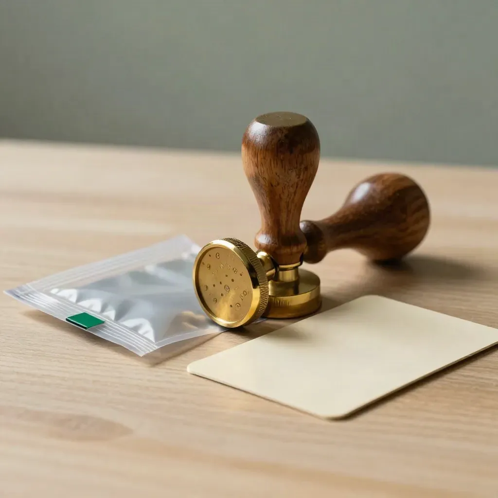 Tampon en laiton, pochette scellée et carte crème sur bois clair