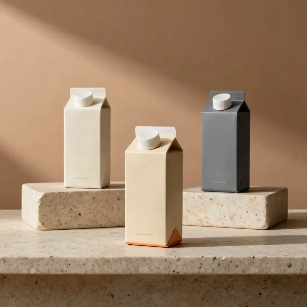 Trois emballages de produits maison sur socles de hauteurs différentes, sur une étagère en pierre.