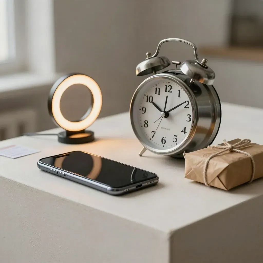 Réveil, téléphone assombri, anneau ambre et colis scellé sur plinthe claire.