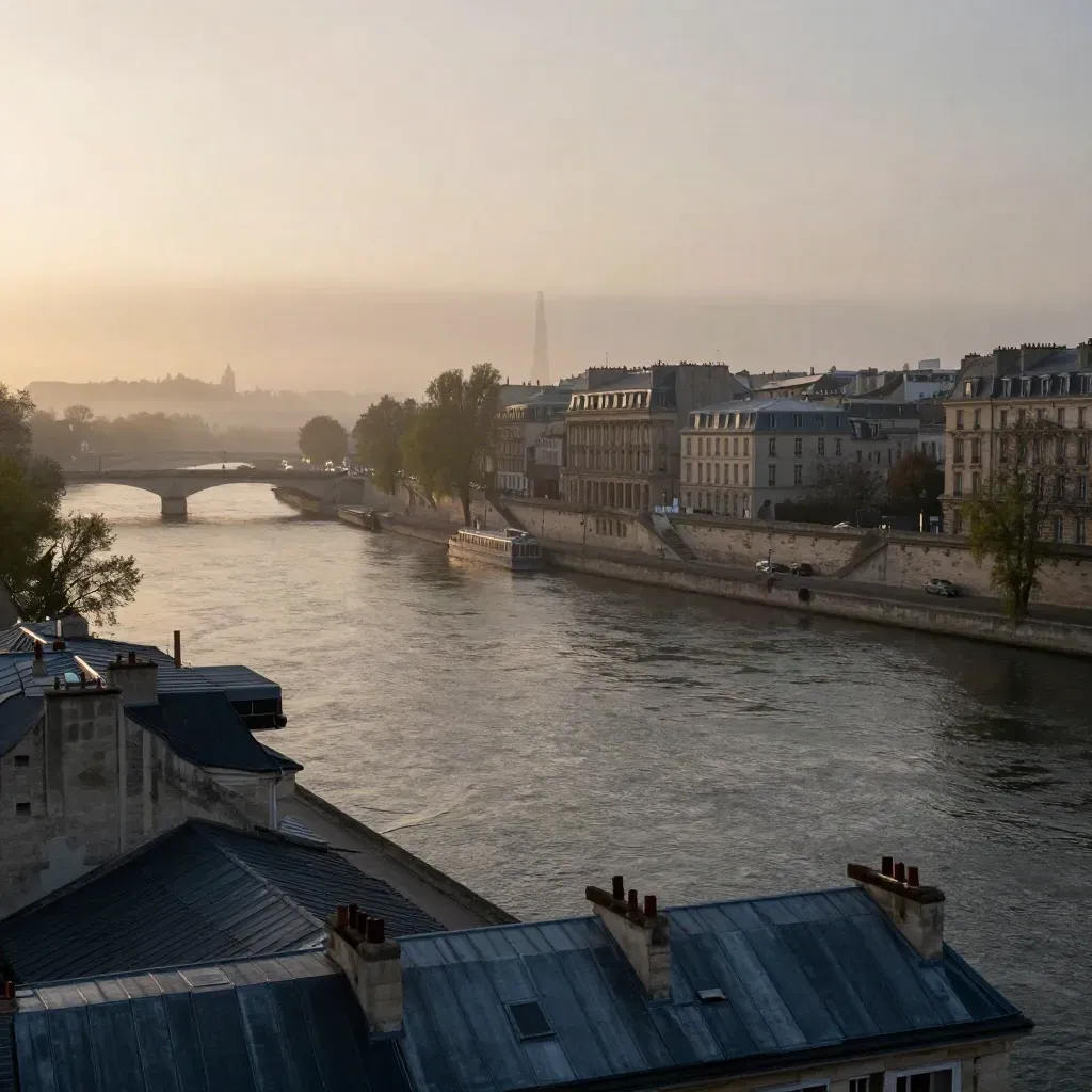 La Seine, les toits de zinc et un monument parisien dans la brume de l’aube