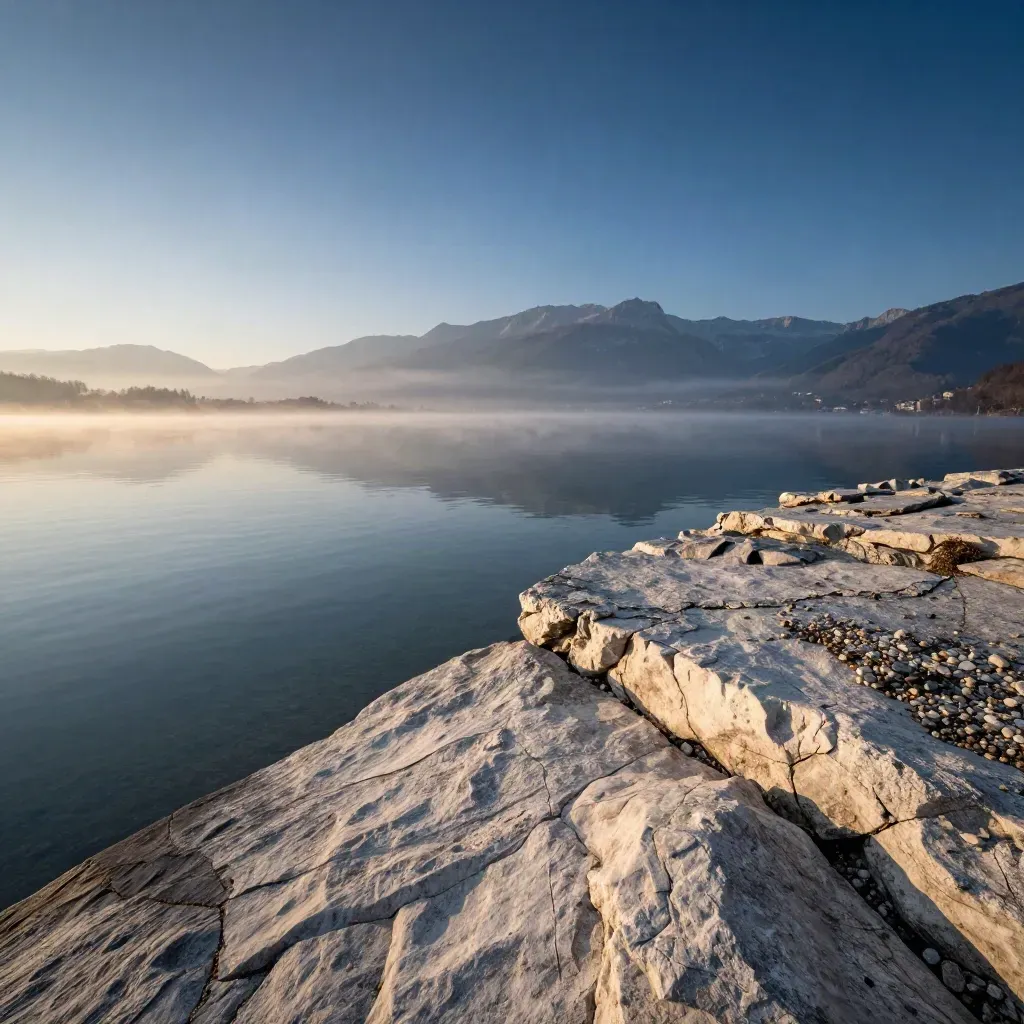 Lac d’Annecy au lever du jour, Alpes bleutées, rive rocheuse et brume alpine calme.