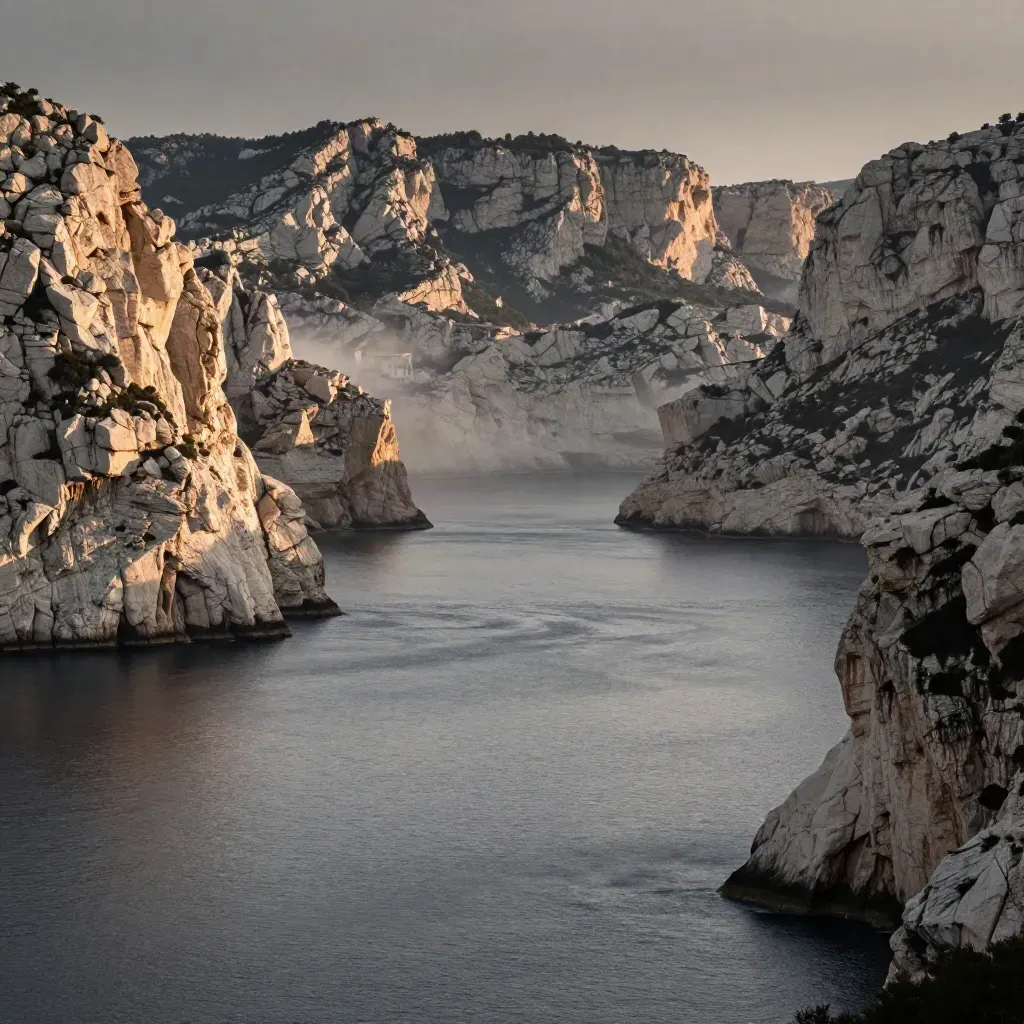 Falaises blanches des calanques au-dessus de la Méditerranée, lumière rasante et brume marine.